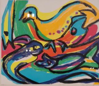 Zeefdruk in lijst, Maya Wildevuur, Vogel vissen, 1992, 36/175